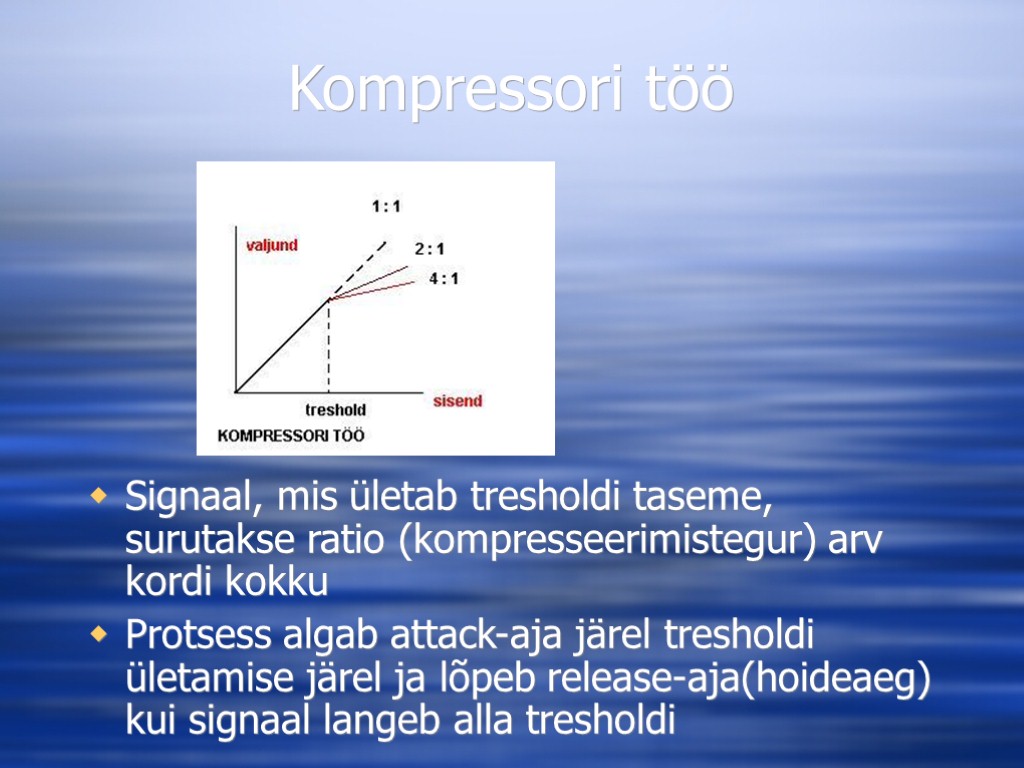 Kompressori töö Signaal, mis ületab tresholdi taseme, surutakse ratio (kompresseerimistegur) arv kordi kokku Protsess